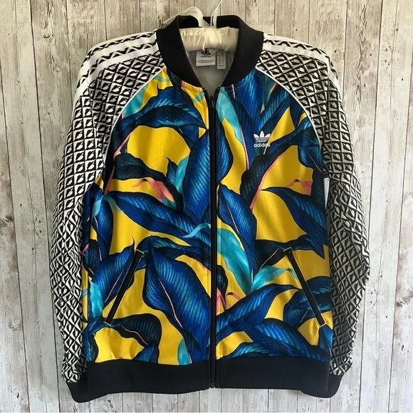 Adidas Tropical Leaf Print and Block-print Track Jacket Medium - Picture 1 of 3